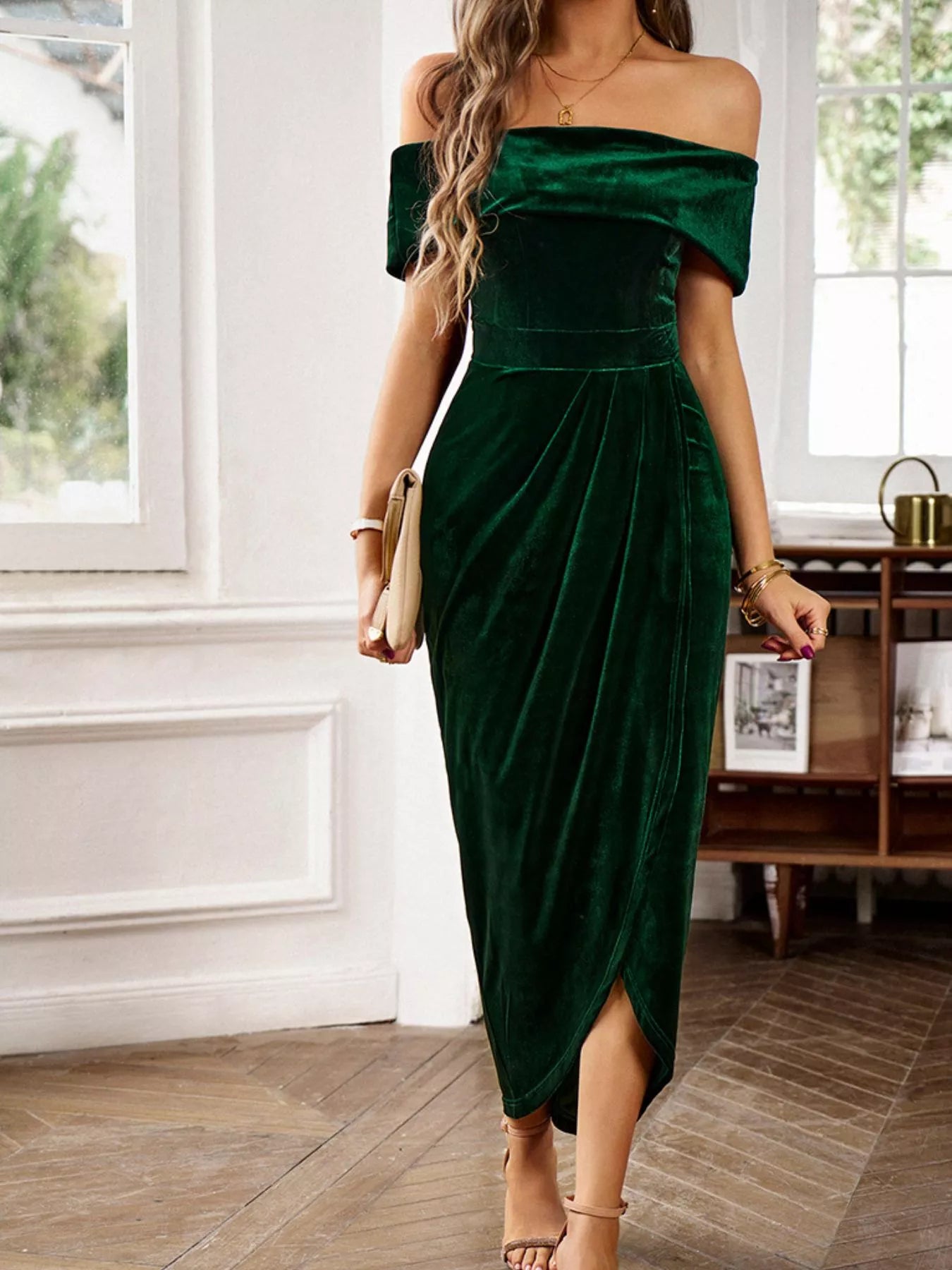 Velvet Off-Shoulder Ruched Midi Dress