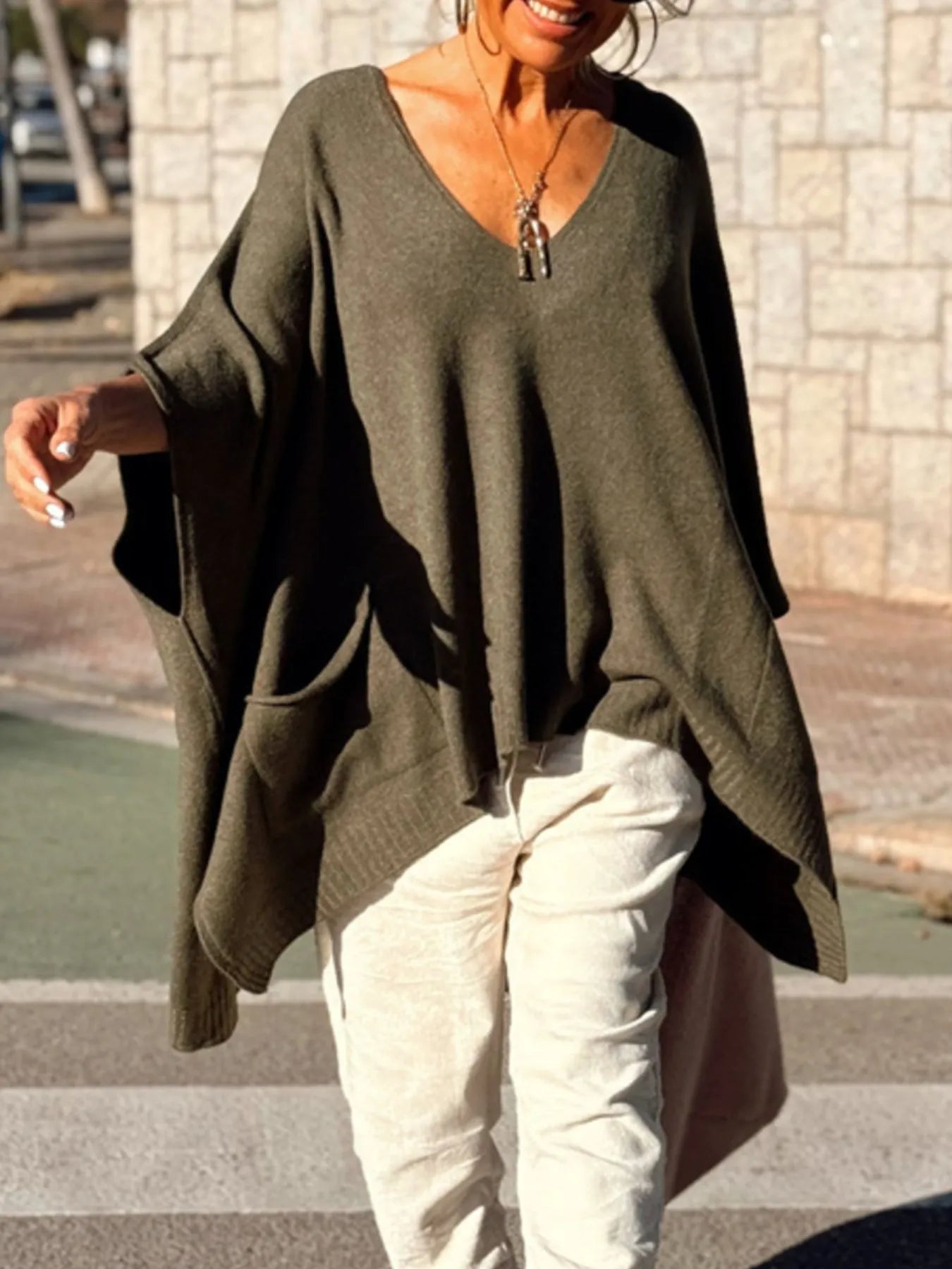 Ribbed Hem V-Neck Sweater
