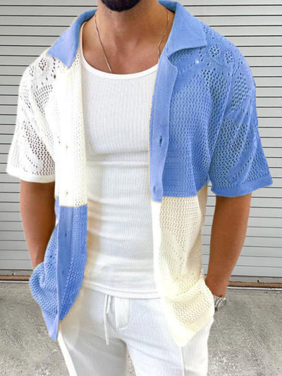 Men's Contrast Button Down Hollow Out Shirt for Stylish Comfort