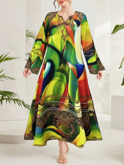 Multi-Color Abstract Print Notched Maxi Dress