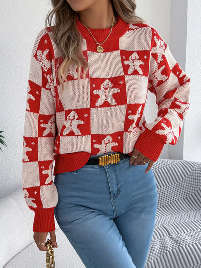 Christmas Checkerboard Gingerbread Round Neck Sweater