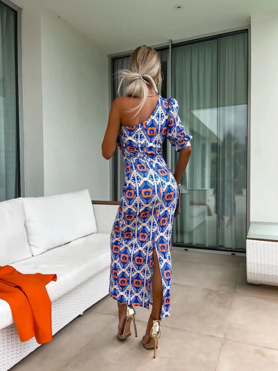 Slit Printed Single Shoulder Midi Dress