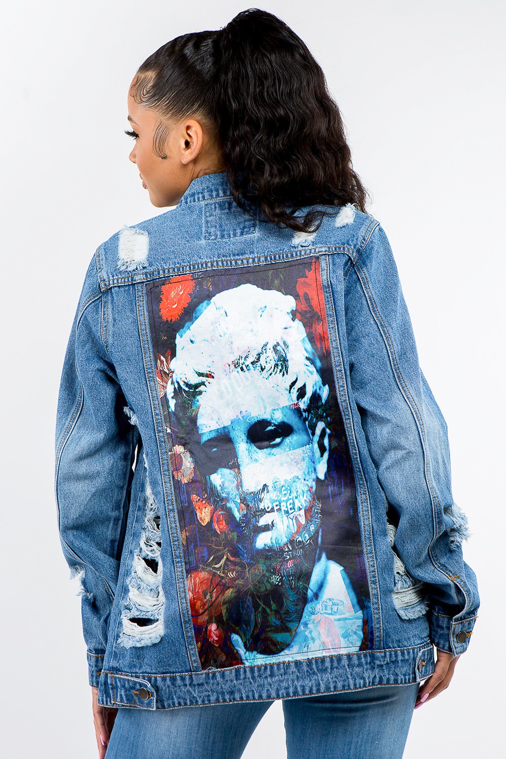 Vintage Distressed Denim Jacket with Full Button Closure
