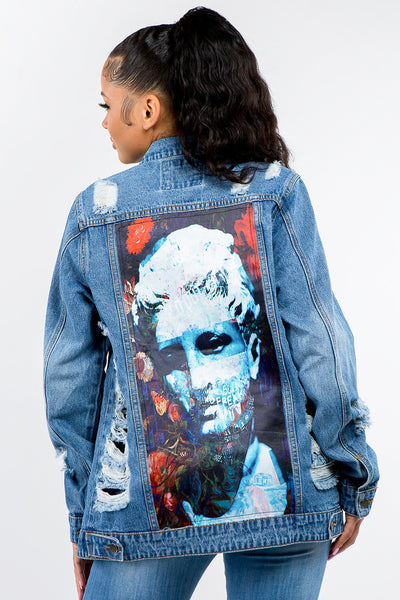 Vintage Distressed Denim Jacket with Full Button Closure