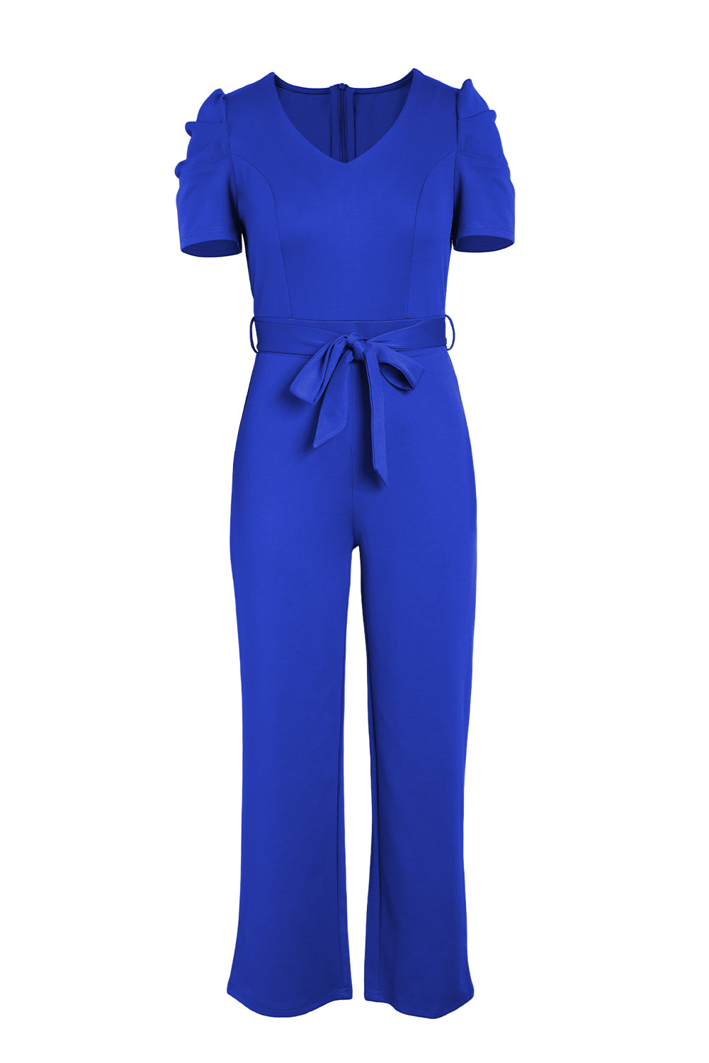 Chic Women's Black Belted Puff Sleeve V-Neck Jumpsuit