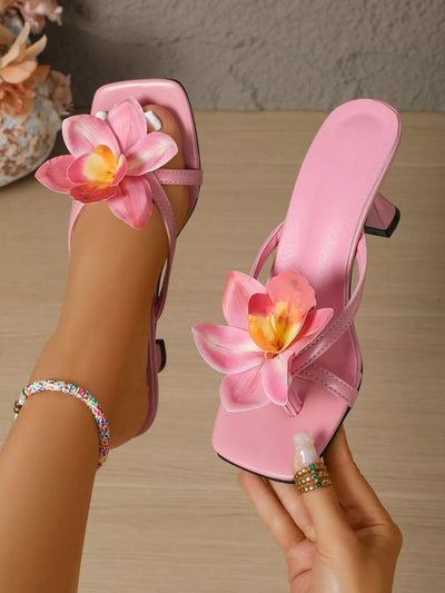 Flower Open Toe Flare Heels Sandals