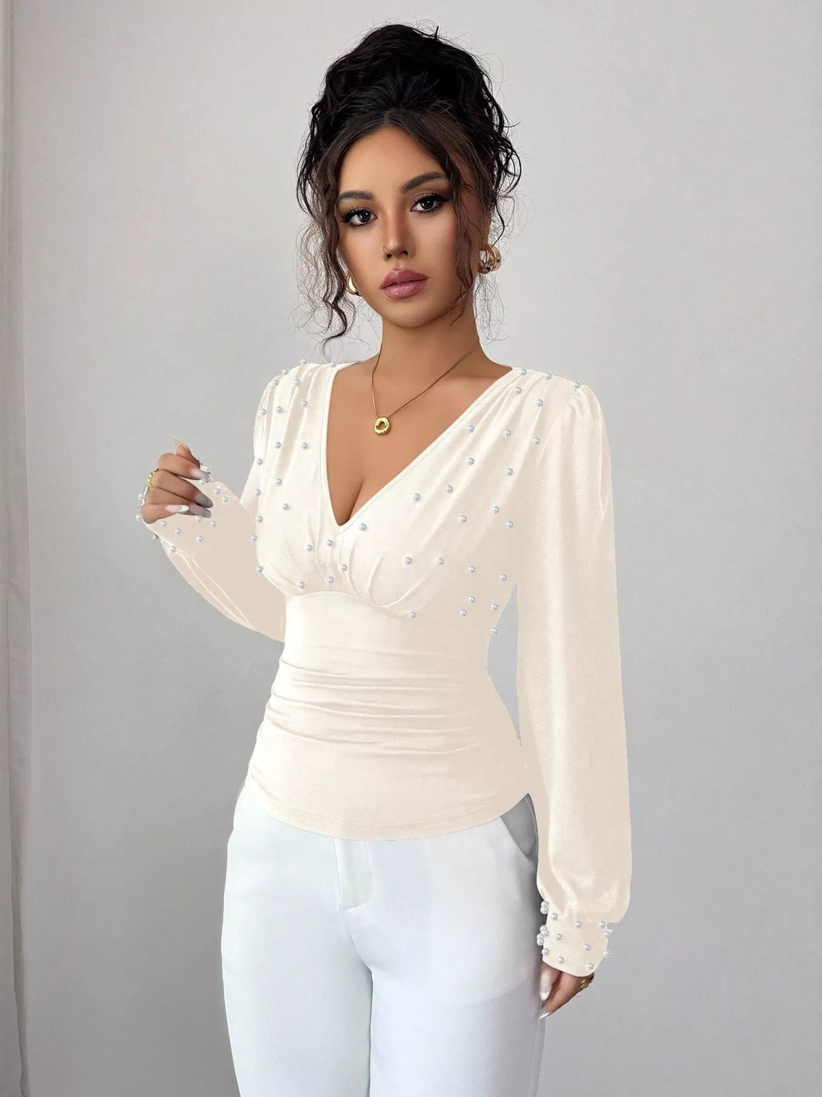 Pearl Embellished V-Neck Blouse