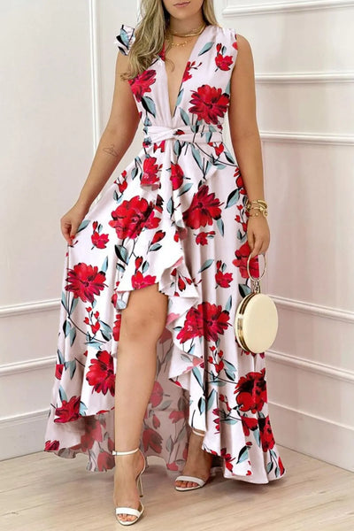 Ruffled Plunge Sleeveless Maxi Dress