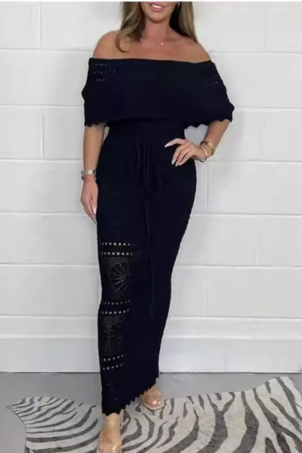 Crochet Off-Shoulder Cutout Tied Maxi Dress