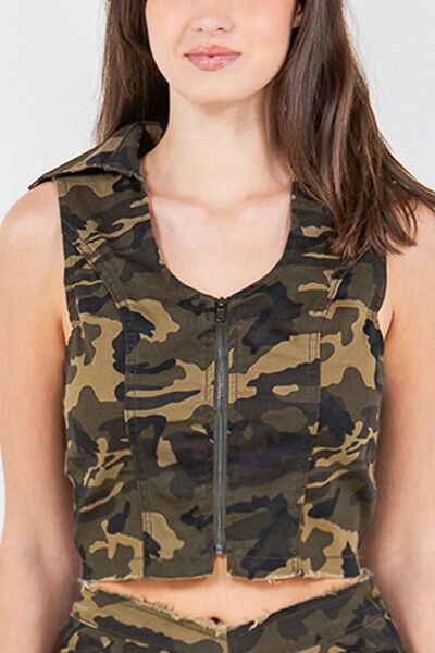 Women's Camo Zip-Up Crop Denim Vest - Casual Chic Style