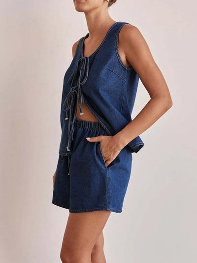 Tie Front Vest and Shorts Denim Set