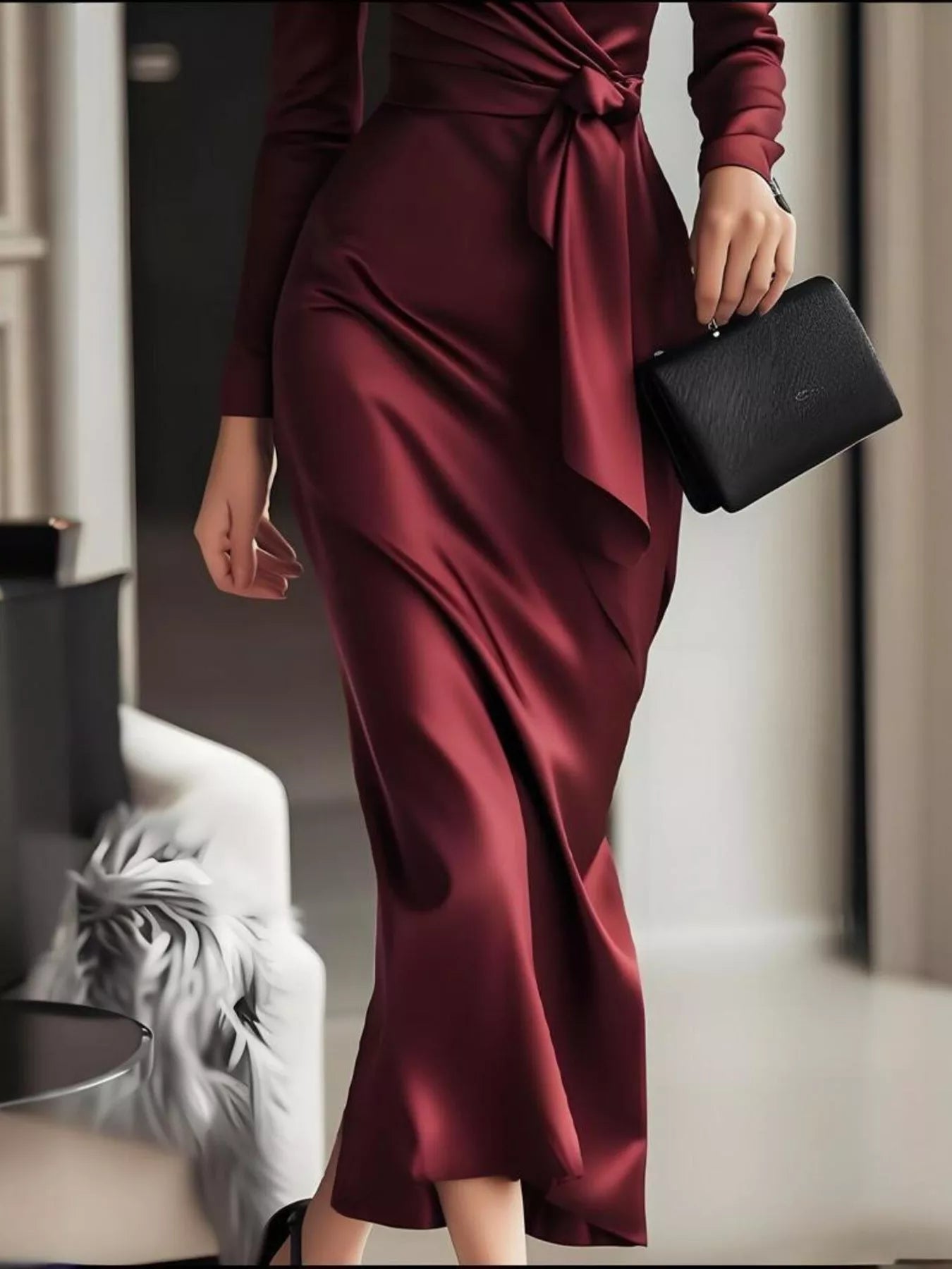 Surplice Satin Long Sleeve Dress