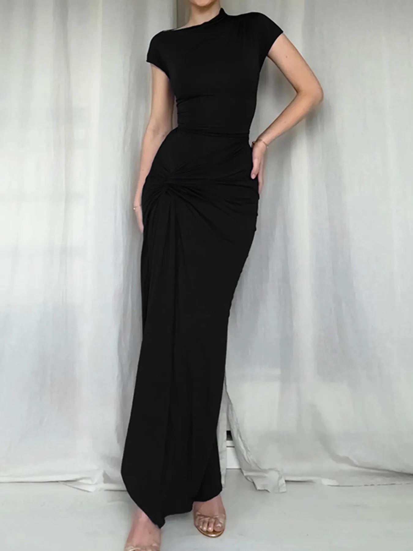 Ruched Slit Cap Sleeve Maxi Dress