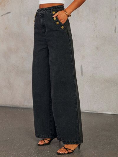 Trendy Button Decor High Rise Wide Leg Jeans - Casual Chic