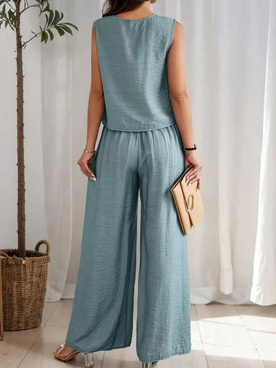 Round Neck Sleeveless Top and Wide Leg Pants Set