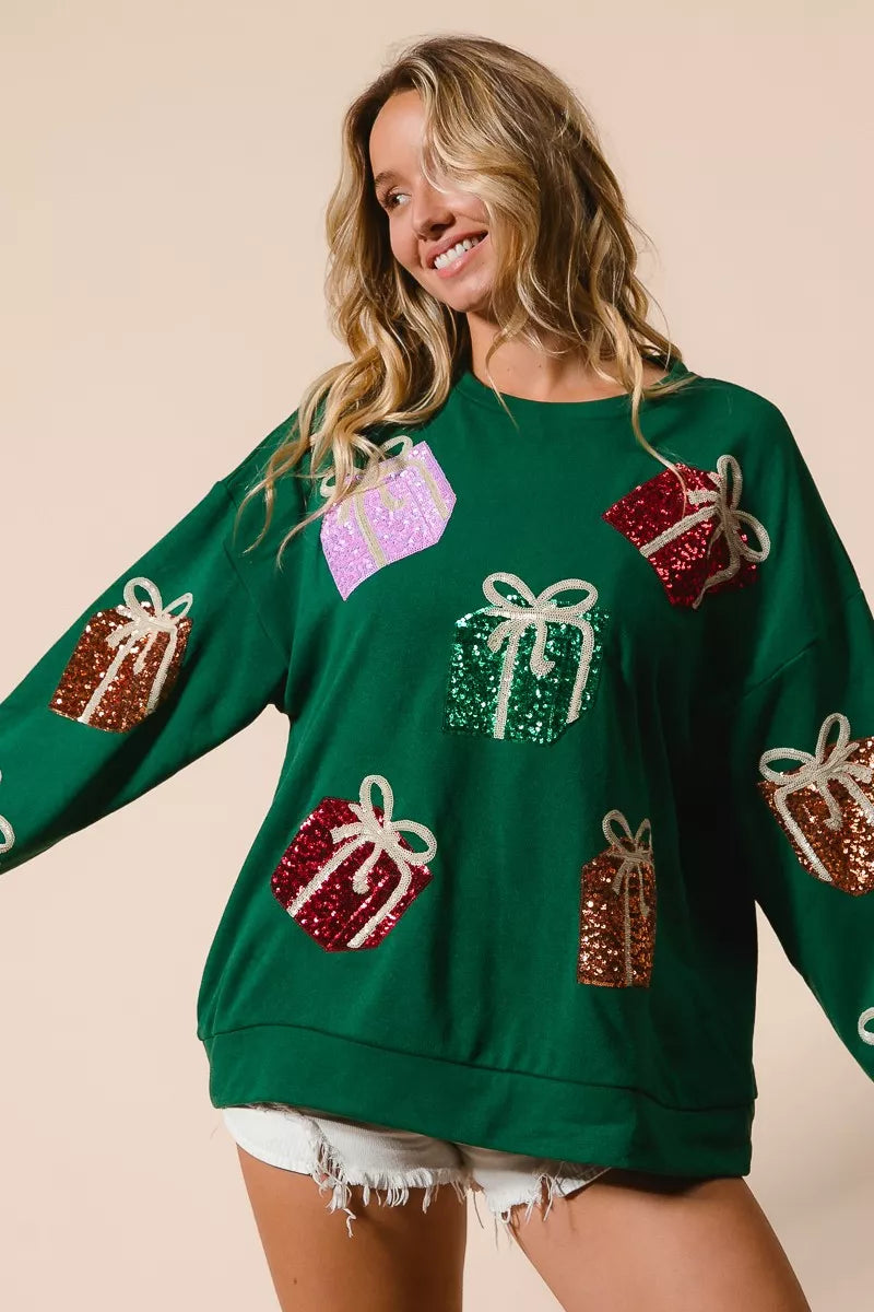 BiBi Sequin Christmas Gift Box Embroideries Pullover