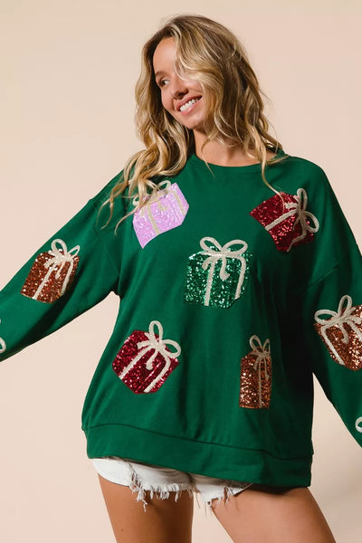 BiBi Sequin Christmas Gift Box Embroideries Pullover