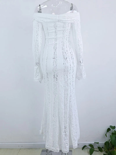 Lace Off-Shoulder Flounce Sleeve Maxi Dress