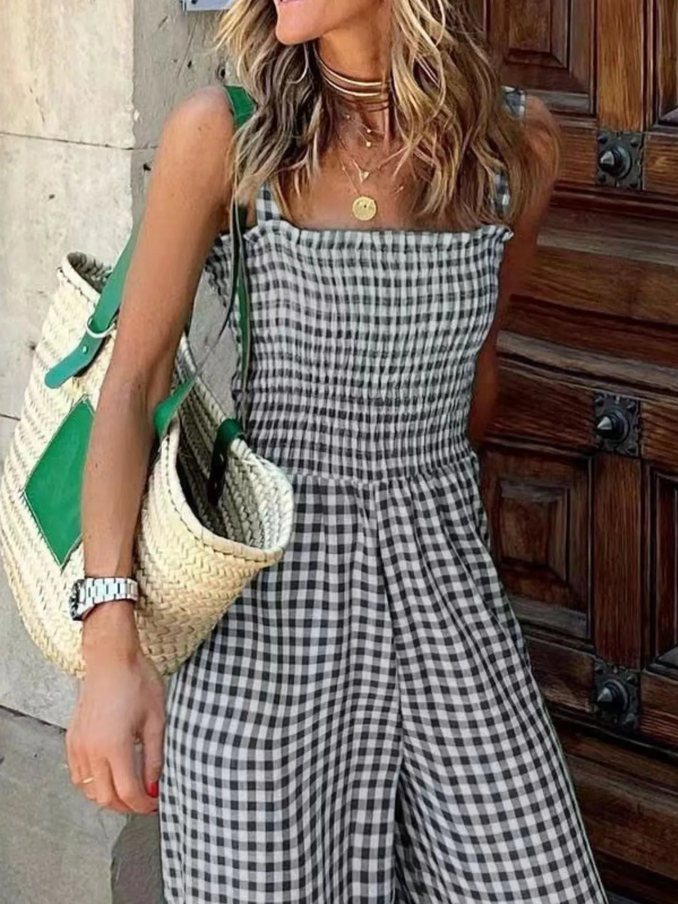 Gingham Smocked Wide-Leg Jumpsuit
