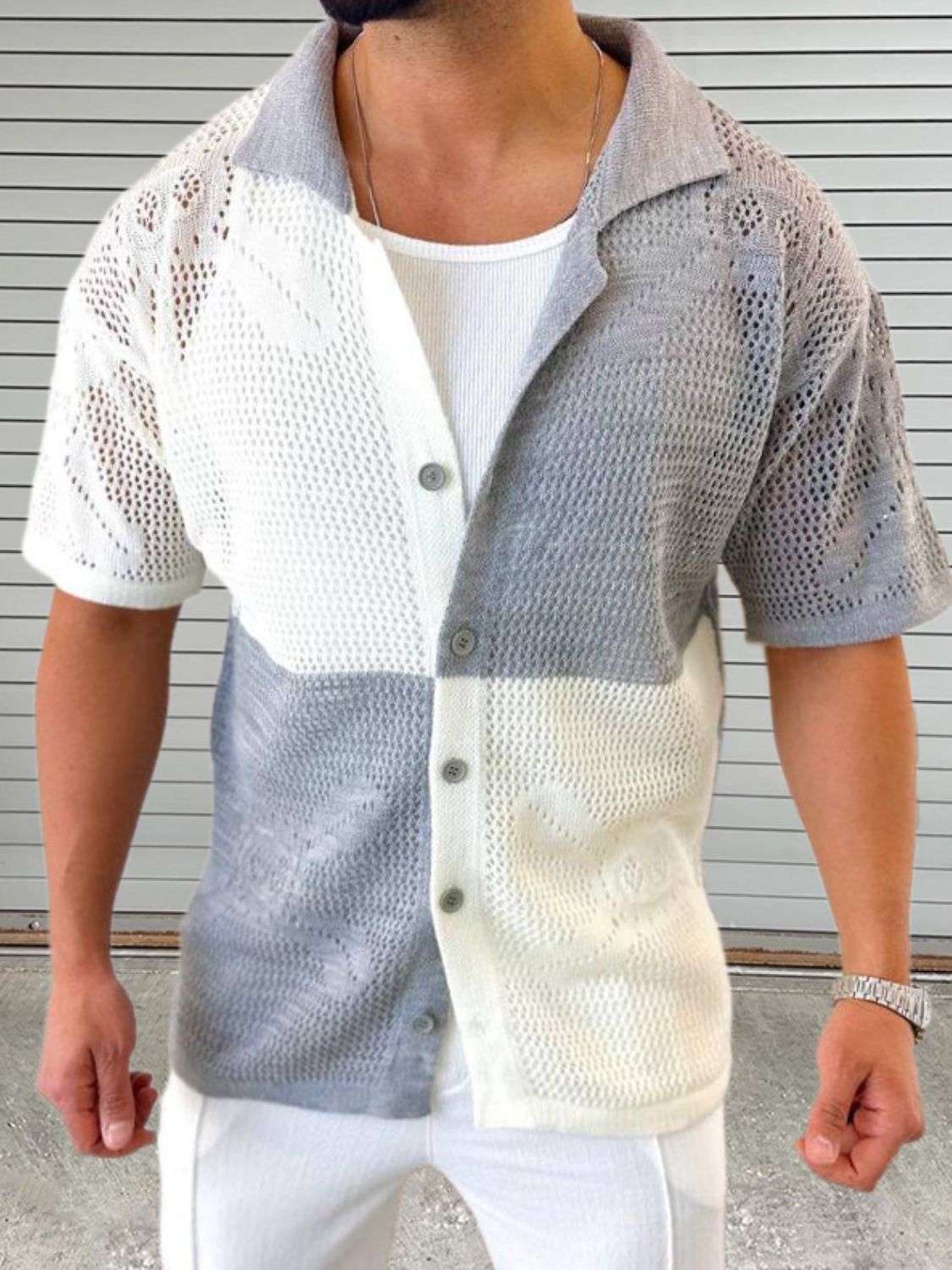 Men's Contrast Button Down Hollow Out Shirt for Stylish Comfort