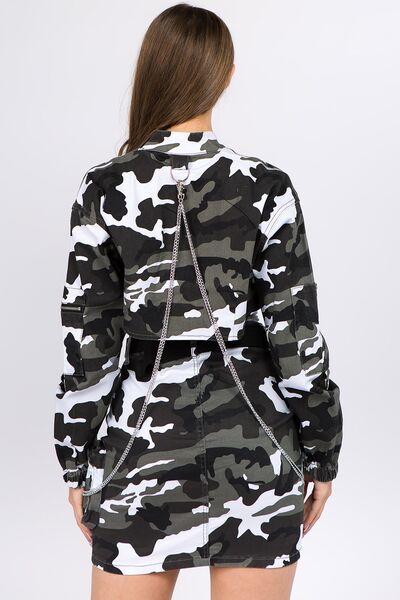 Women's Fashion Camouflage Cropped Jacket with Chains