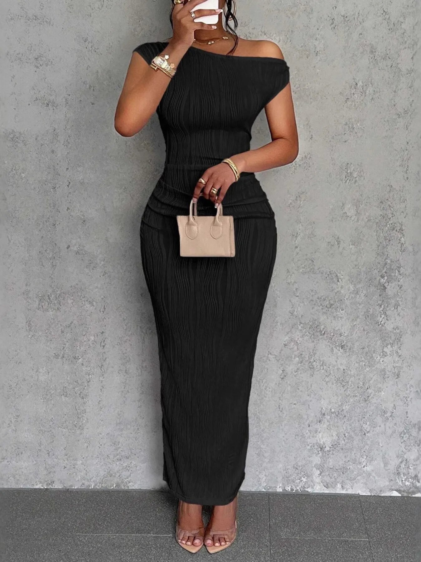 Textured Single Shoulder Bodycon Maxi Dress