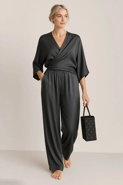 Full Size Wrap Surplice Top and Pants Set Plus Size