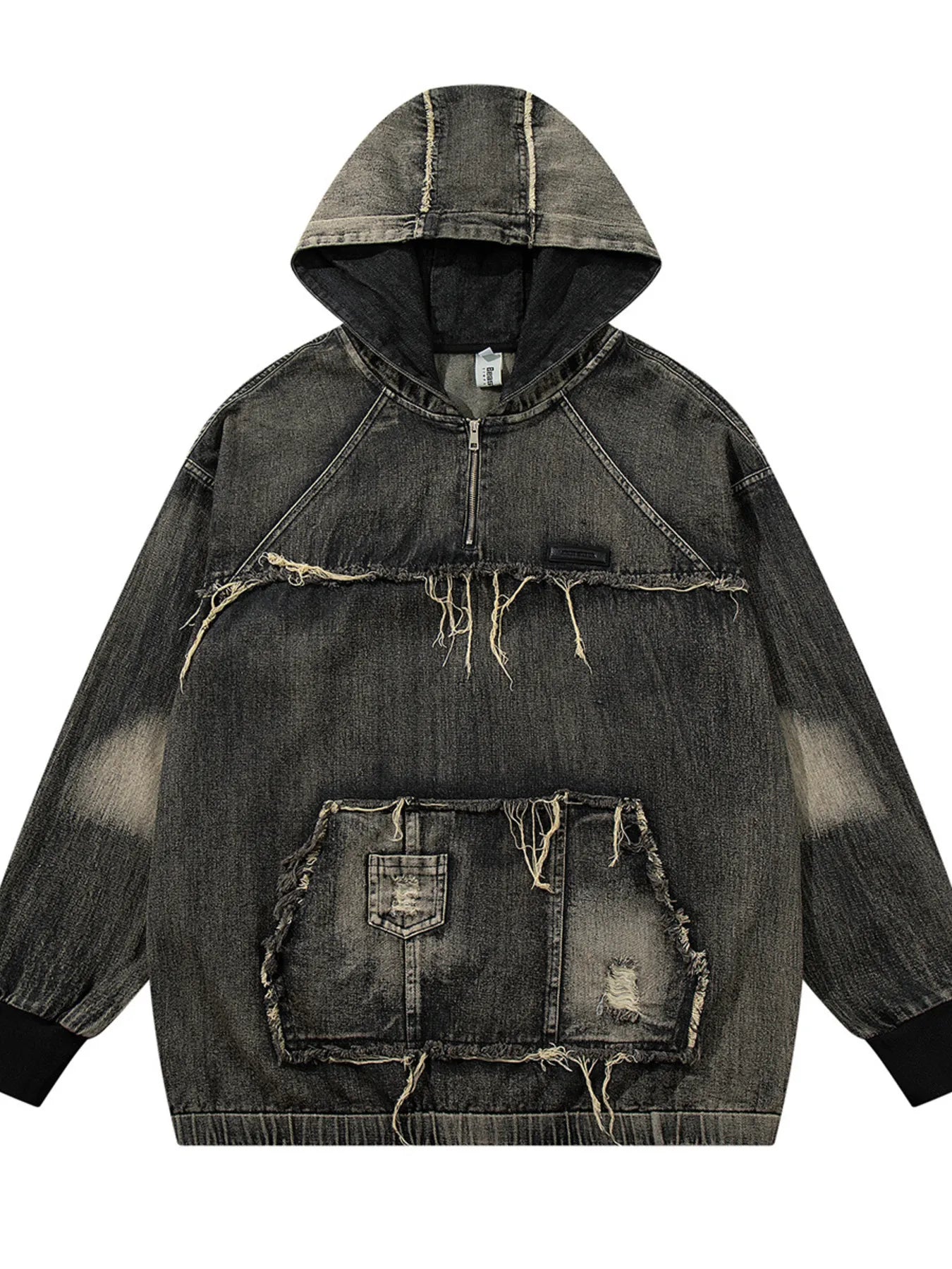 Men's Distressed Denim Patchwork Oversized Hoodie with Frayed Details