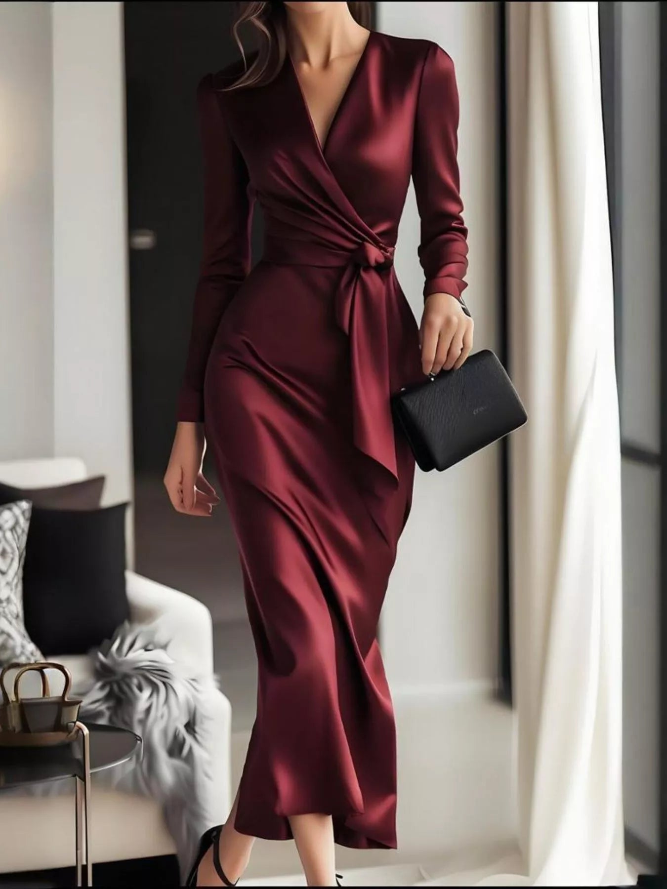 Surplice Satin Long Sleeve Dress