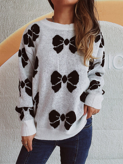 Women's Casual Bow Round Neck Sweater with Dropped Shoulder