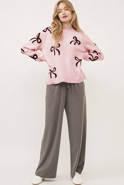 Chic Bow Design Loose Fit Sweater in Soft Pink Hue