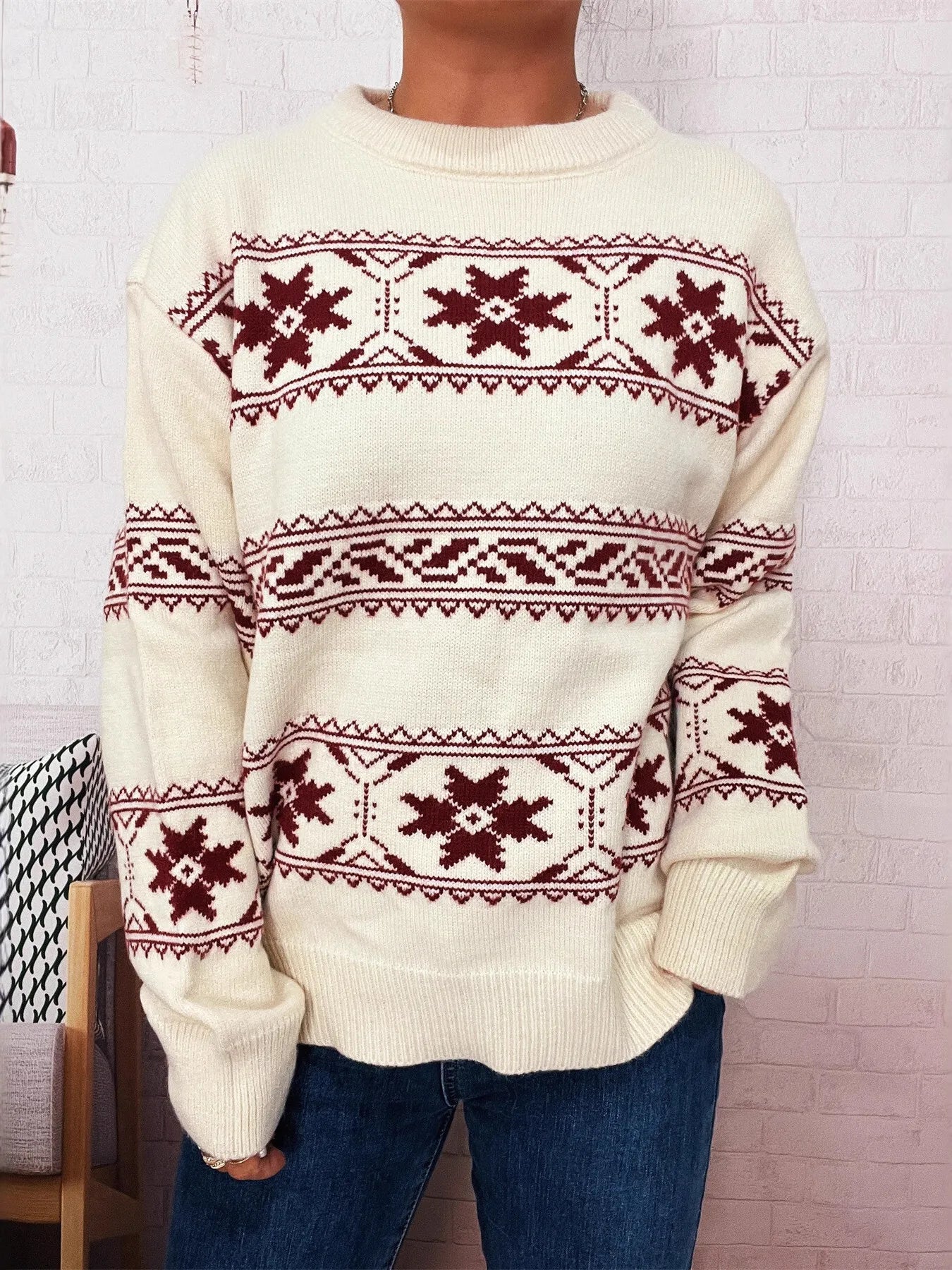 Christmas Snowflake Round Neck Sweater