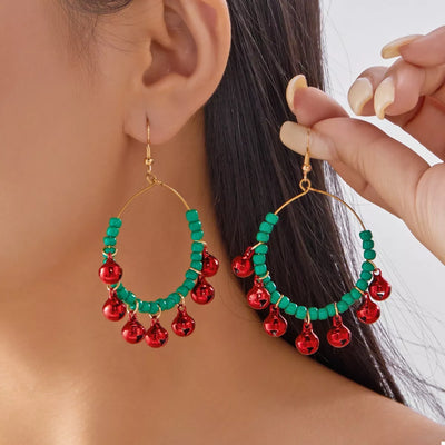Christmas Beaded Hoop Earrings with Jingle Bells