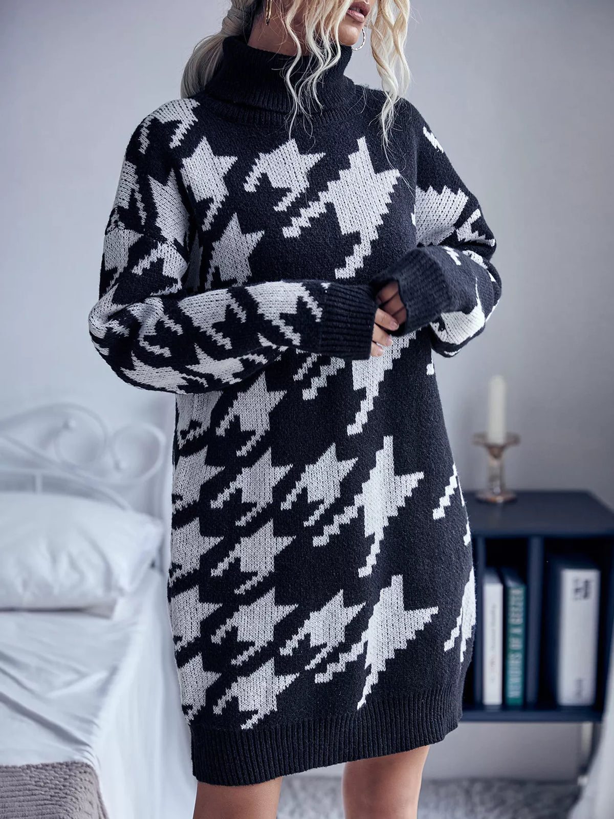 Houndstooth Pattern Turtleneck Sweater Dress