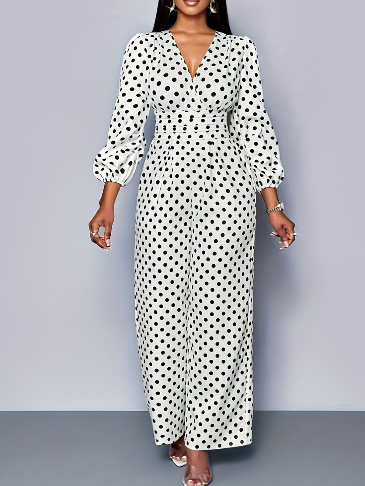 Polka Dot Long Sleeve Wide Leg Jumpsuit