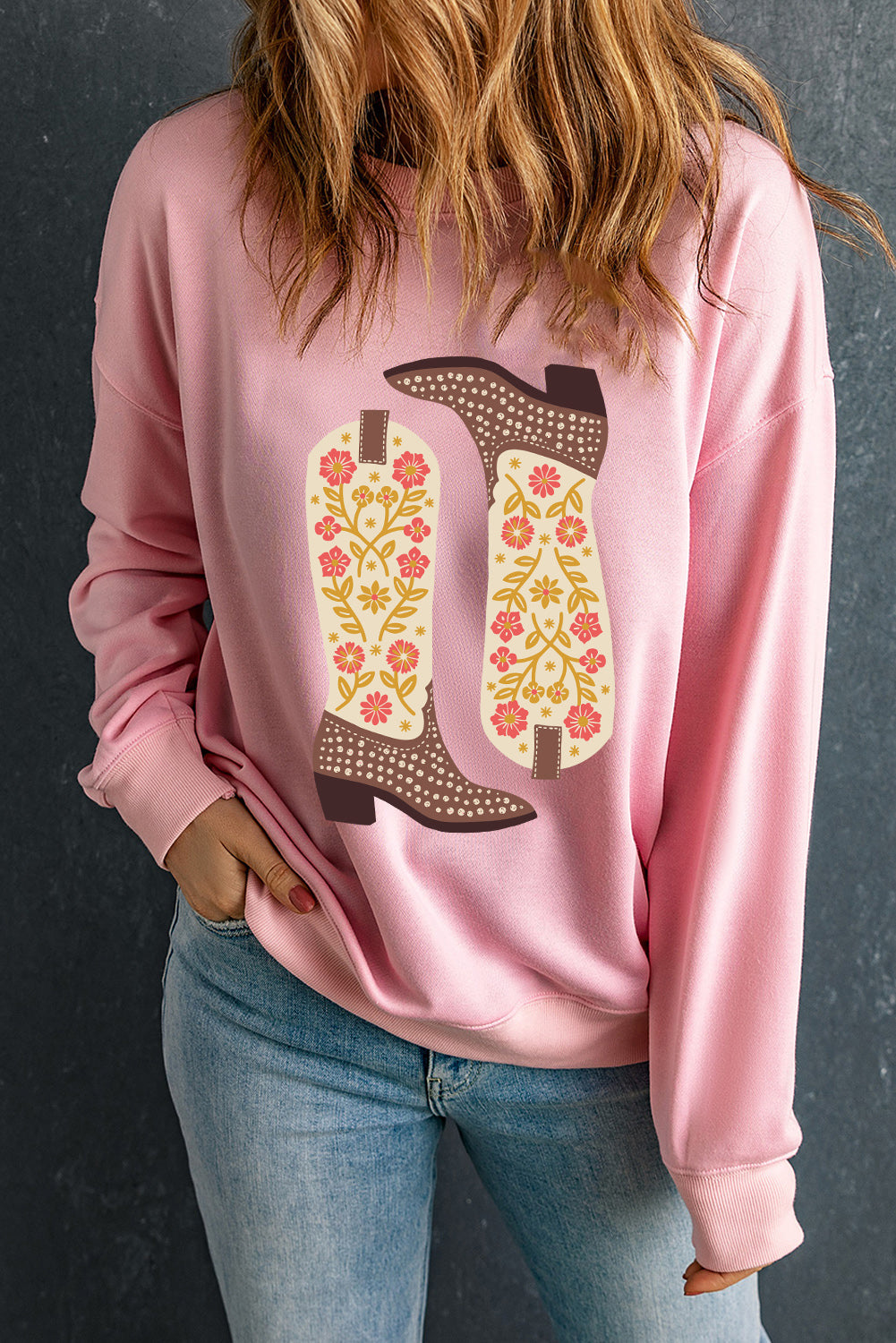 Cozy Pink Boot Graphic Sweatshirt - Relaxed Fit, Casual Style