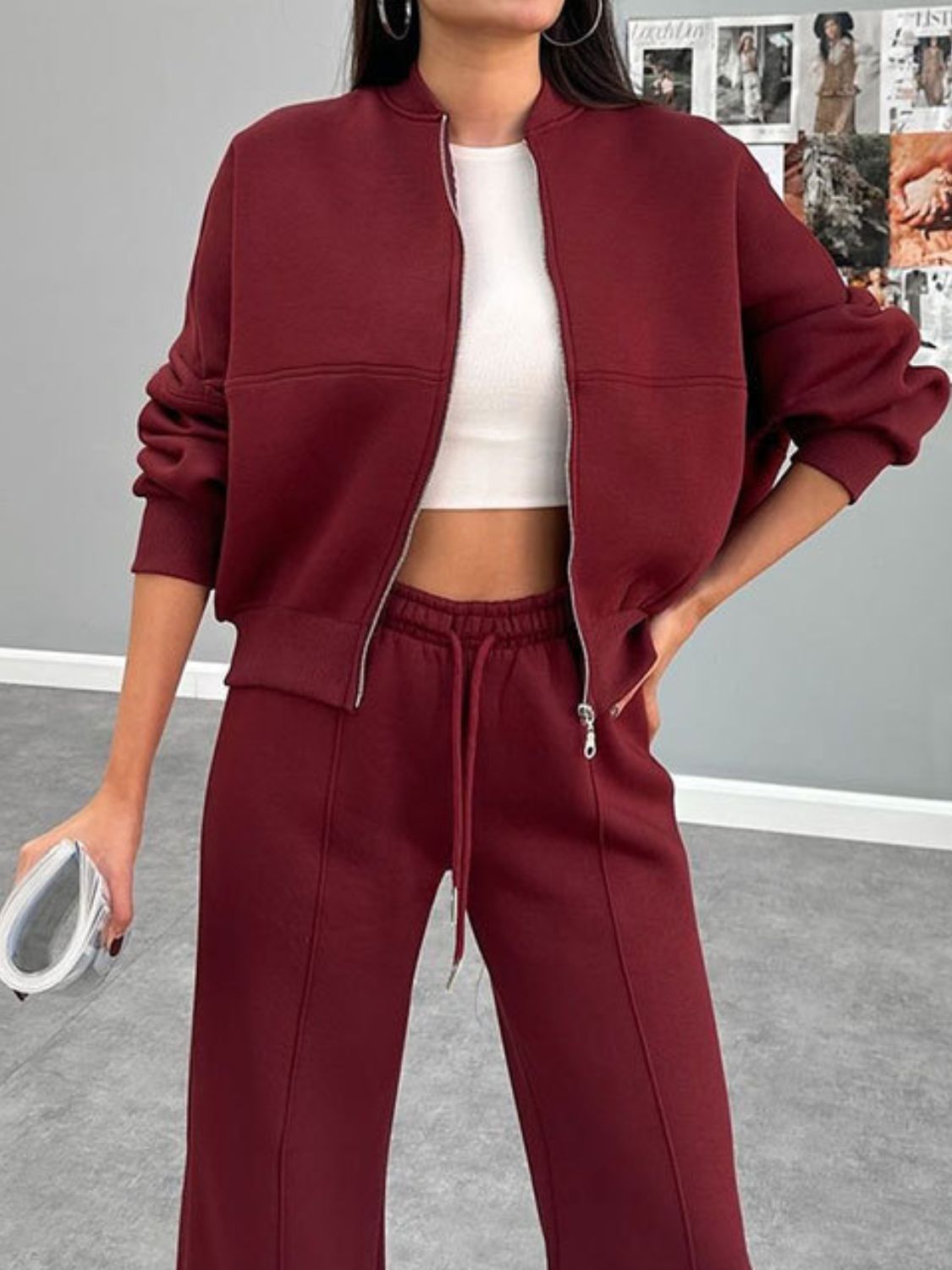 Casual Baseball Collar Zip Top & Drawstring Pants Set