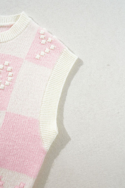 Chic Pink & Cream Bow Checkered Round Neck Sweater Vest