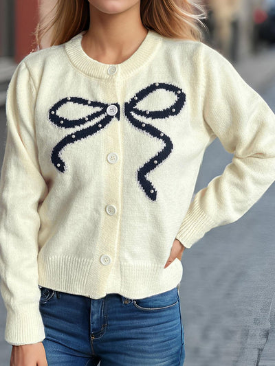 Chic Bow Button Cardigan with Stylish Round Neck Design