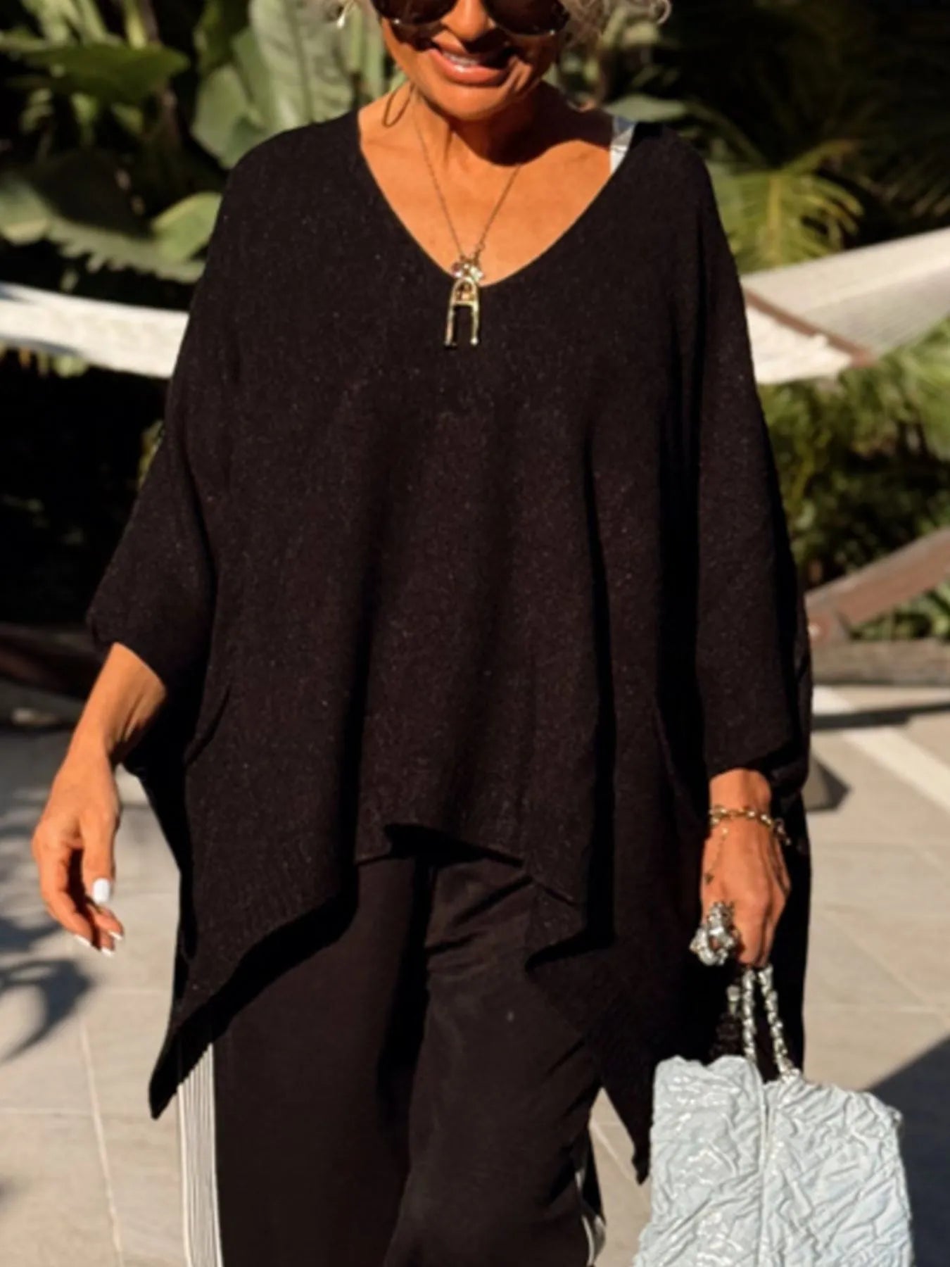 Ribbed Hem V-Neck Sweater