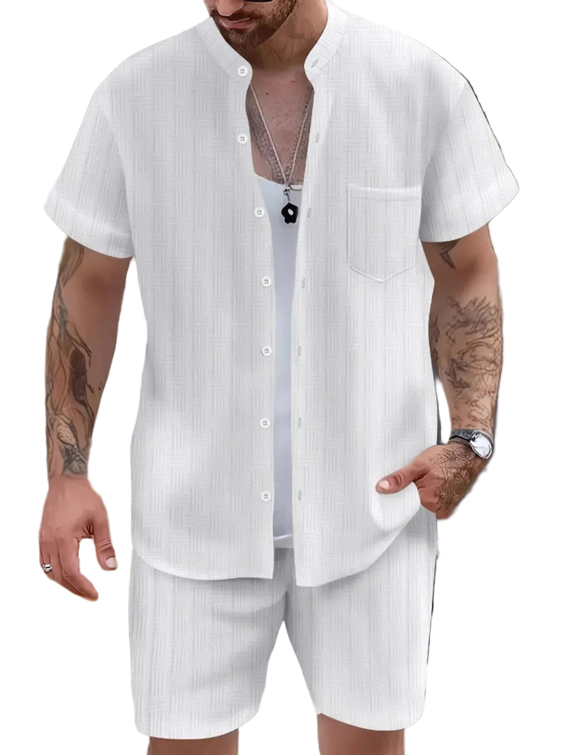 Men's Button Up Short Sleeve Shirt and Shorts Set
