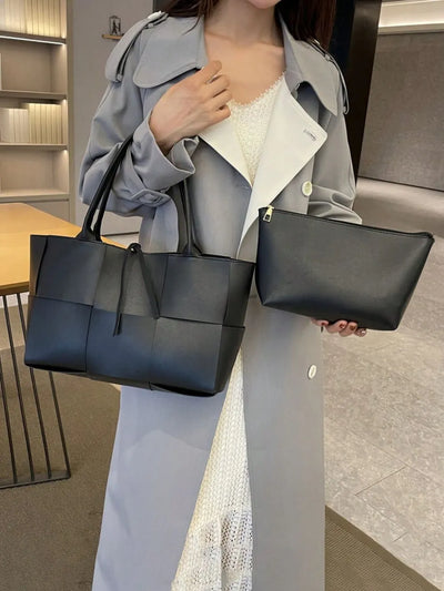 PU Leather Woven Handbag and Clutch Set