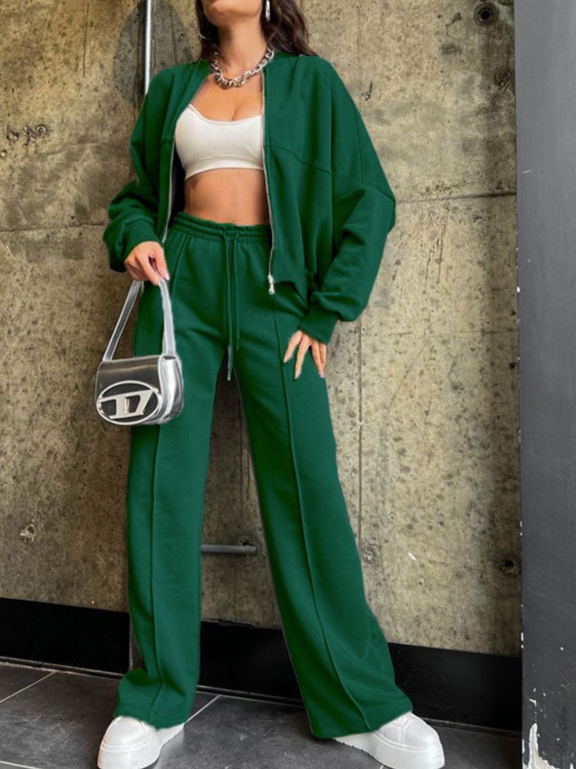Casual Baseball Collar Zip Top & Drawstring Pants Set