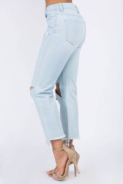 Trendy High Waist Distressed Jeans with Raw Hem Finish