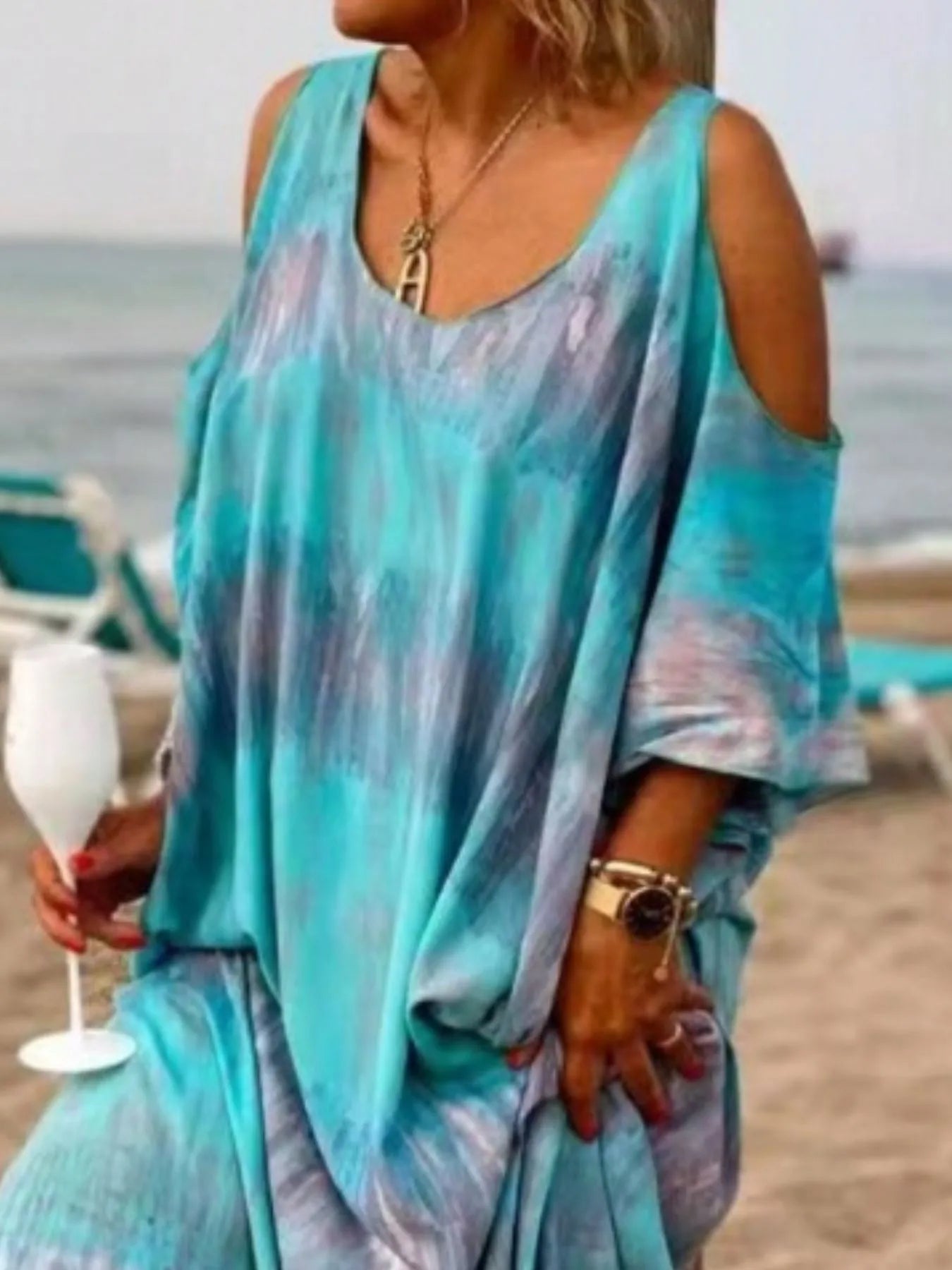 Plus Size Tie-Dye Cold Shoulder Maxi Dress