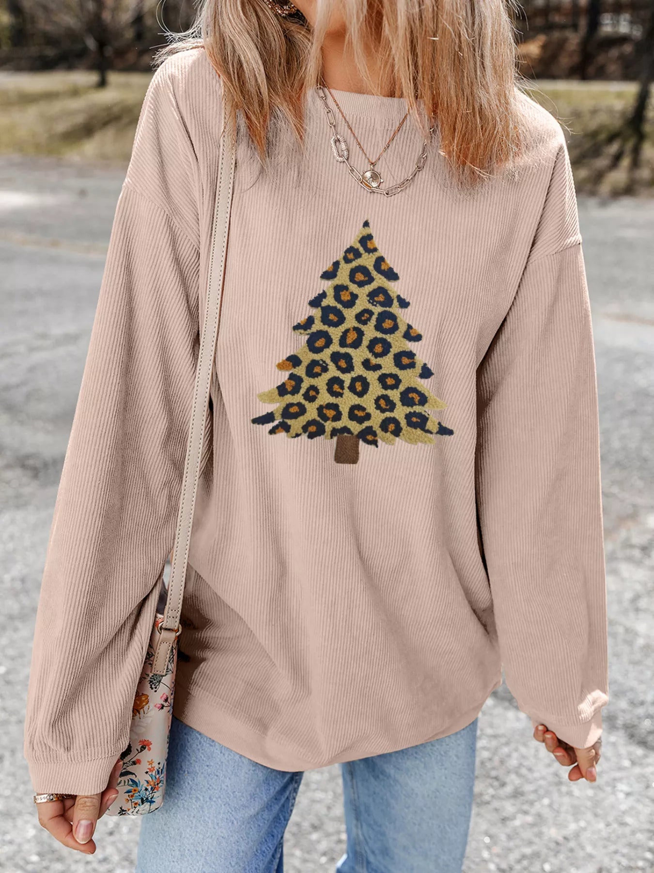 Leopard Christmas Tree Graphic Corded Sweatshirt