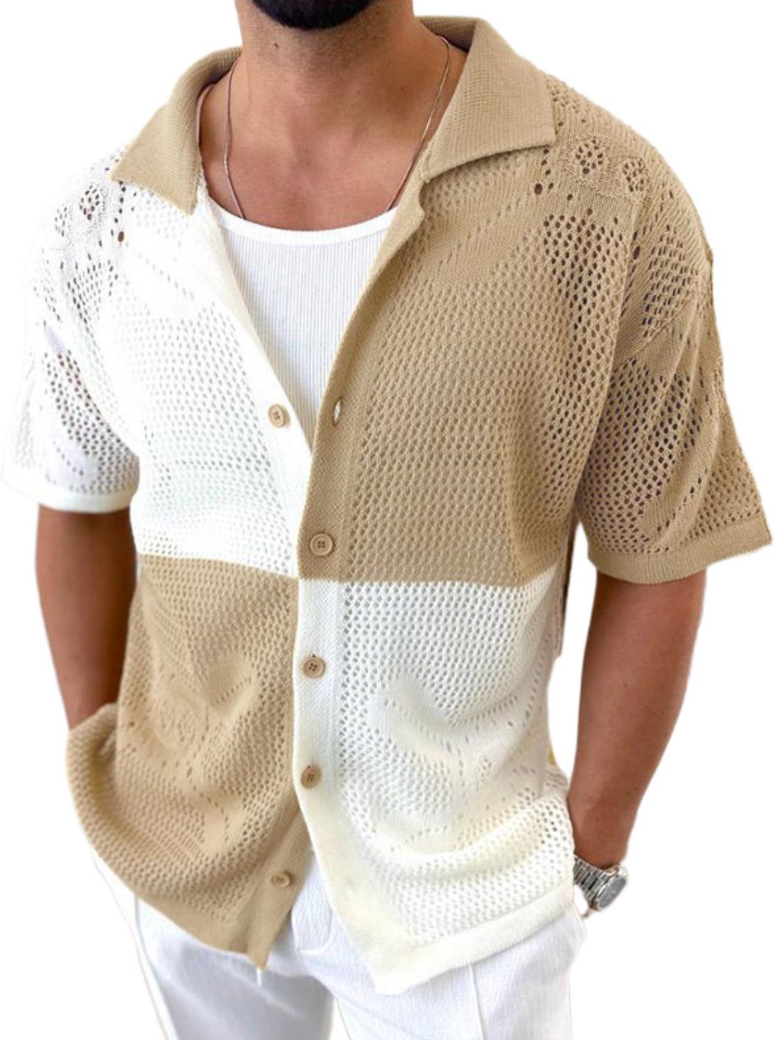 Men's Contrast Button Down Hollow Out Shirt for Stylish Comfort