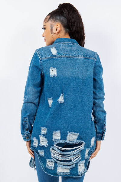 Chic Distressed Denim Jacket - Trendy Button-Up Long Sleeve Style