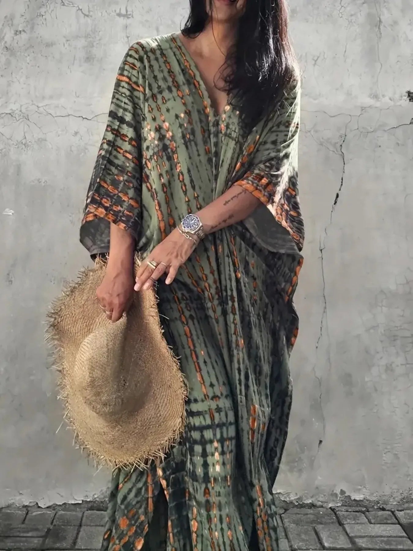 Tie-Dye V-Neck Maxi Dress with Flowy Sleeves