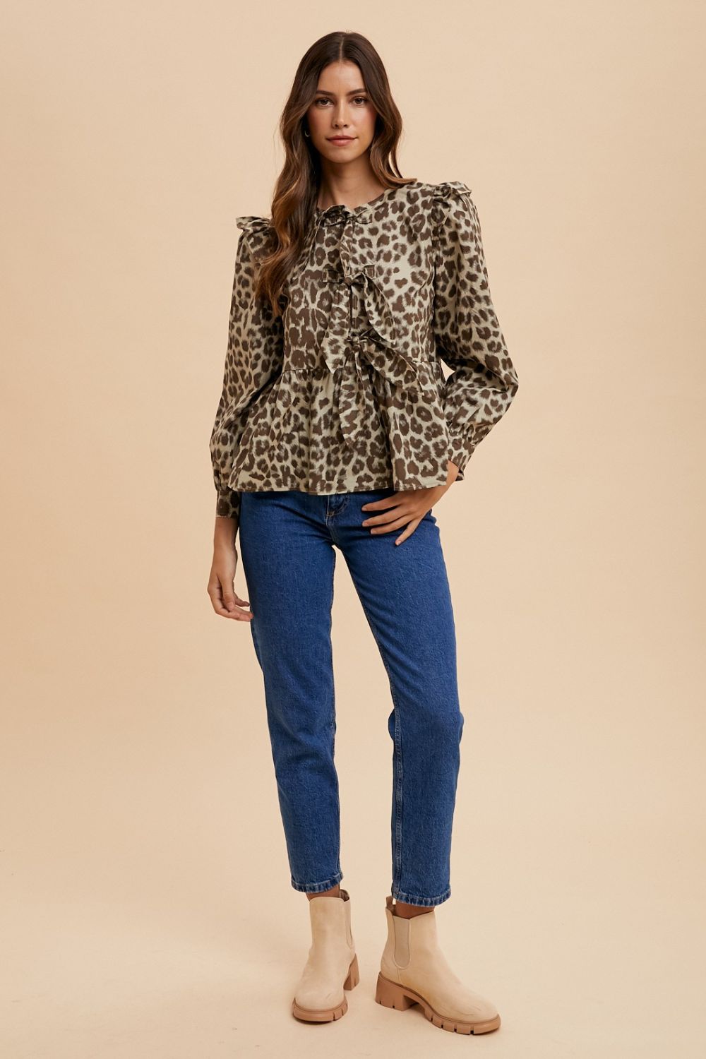 Chic Leopard Print Peplum Blouse with Tied Front and Round Neck
